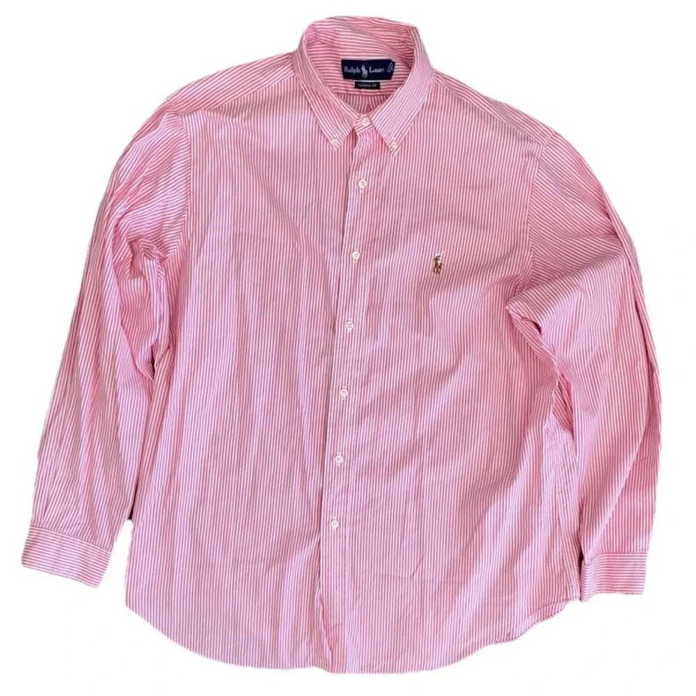 Polo Ralph Lauren XL 17 34/35 Long‎ Sleeve Pink Red Striped Button Down Classic